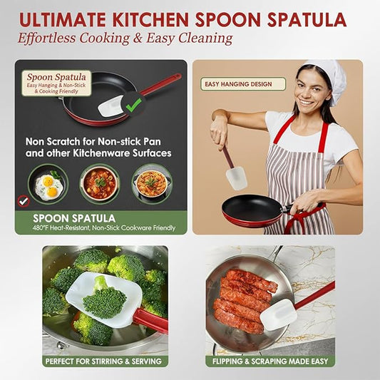Commercial Spoonula Rubber Spatula Set, High Heat Spatula Spoon 9.5 Inches, Commercial Spatula for Cooking, Rubber Spatula Set Resistant to 500℉ (1 Scraper 9.5"+1 Spoonula 9.5")