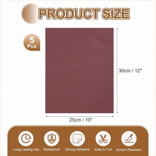 MECCANIXITY 5 Pcs Leather Repair Patch 10"x12" Self-Adhesive Leather Vinyl Repair Tape Kit for Furniture Couches Sofa Chair Car Boat Seats Jackets, Wine Red