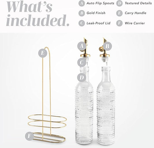 COOK WITH COLOR Glass Olive Oil Bottle Dispenser - 2 Pack- 17oz Oil and Vinegar Cruet - Olive Oil Carafe Decanter for Kitchen, Champagne Bubbles, Clear