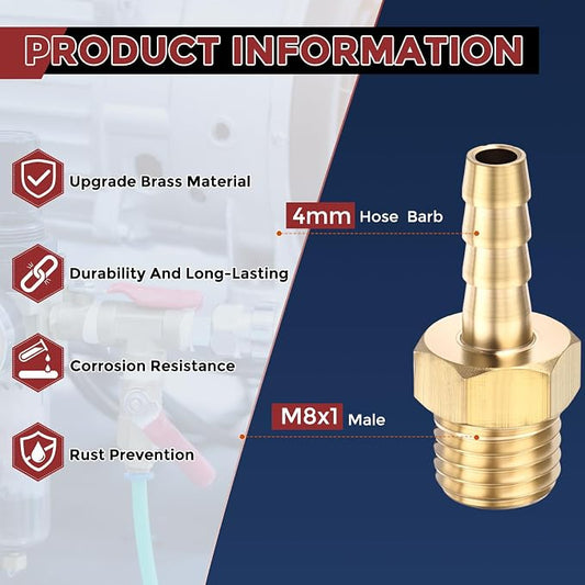 Pack of 6 Brass Hose Barb Fittings Adapter Connector 4mm Hose Barb to M8x1 Male Fittings for Home Machines, Massage Bathtubs, and Irrigation Systems