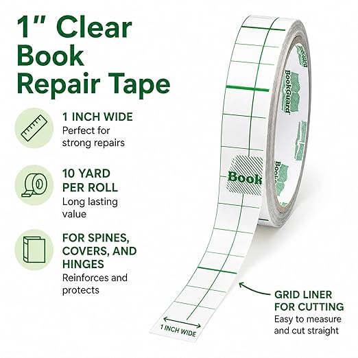 BookGuard Clear Book Repair Tape, 1 Inch x 10 Yards, Clear Vinyl Bookbinding Tape for Book Spines, Covers, Hinges, Pages, Library Books, School Books, Hymnals, Bibles and Documents