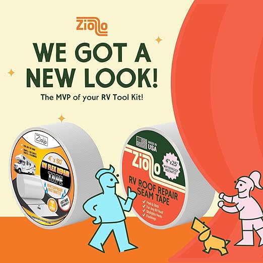 Ziollo RV Repair Kit with 2 x 10 oz of Self Leveling Caulking Lap Sealant & 1 RV Roof Repair Seam Tape 4" x 25' - Works on EPDM, TPO, Metal & Fiberglass