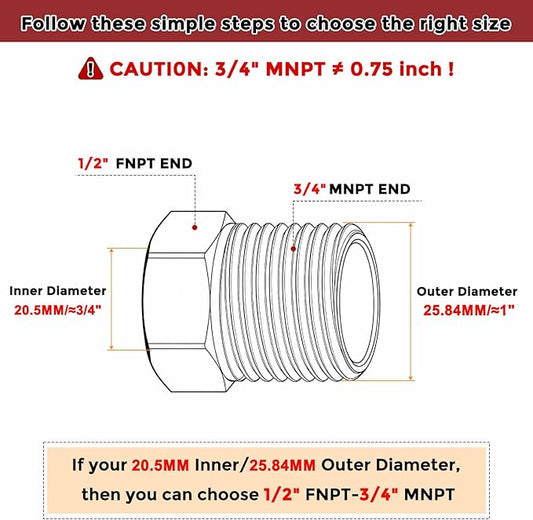 Pack of 5, 3/4" Male NPT to 1/2" FeMale NPT Solid 304 Stainless Steel Hex Bushing with Sealing Tape, Hose Fittings Adapter Reducer for Bathroom Remodel, Tool Extensions
