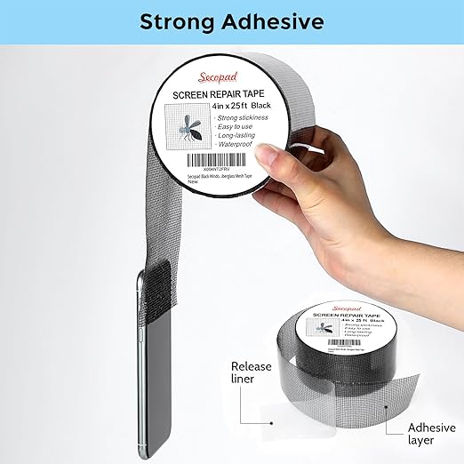 Secopad Black Window Screen Repair Tape, 4IN X 25FT (300IN) Screen Repair Kit for Windows or Doors, Strong Adhesive Patch Kit Fiberglass Mesh Tape