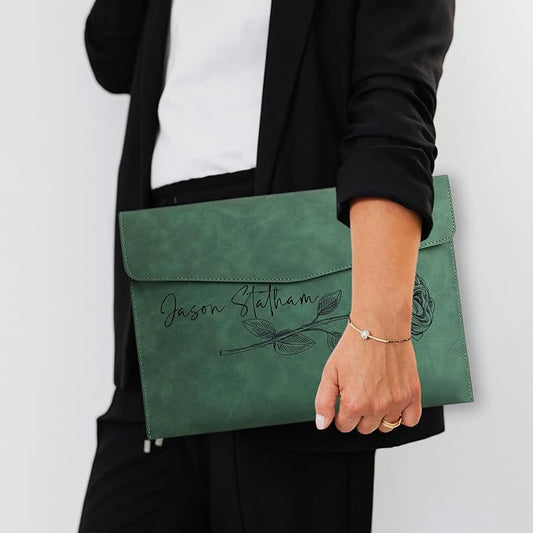 Customized A4 File Folder Expandable File Organizer,Personalized Name PU Leather Envelope Holder for Work、School、Home、Office (Green)