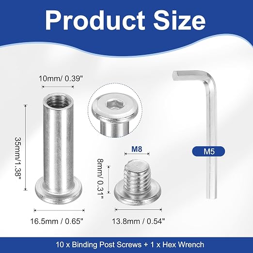 PATIKIL M8x8mm Hex Chicago Screws 10x35mm, 10Pcs 304 Stainless Steel Metric Hex Drive Socket Cap Binding Post Screw Posts for Scrapbook Leather Belt Album Furniture Repair, Silver