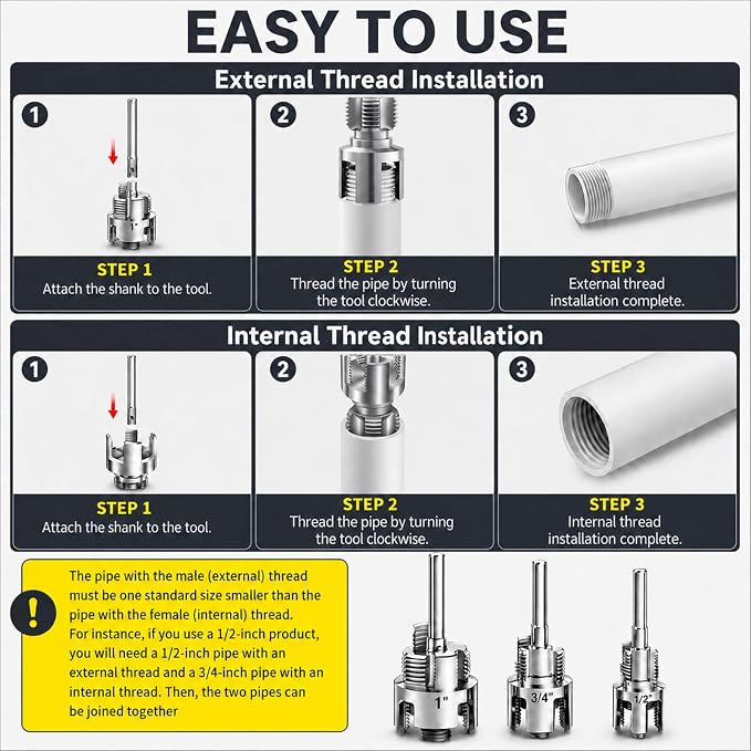 3 Pcs Internal & External Pipe Threading Tool, Function Pipe Thread Cutting Tool for 1/2" & 3/4"& 1" PVC/Plastic Pipes, Electric Drill Compatible Pipe Threader Kit for Home Repair