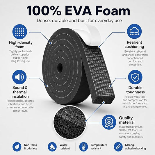 33FT EVA Foam Weather Stripping Door Seal, Self-Adhesive Weatherstrip Tape for Door Frame, Window Gaps, Soundproof Insulation