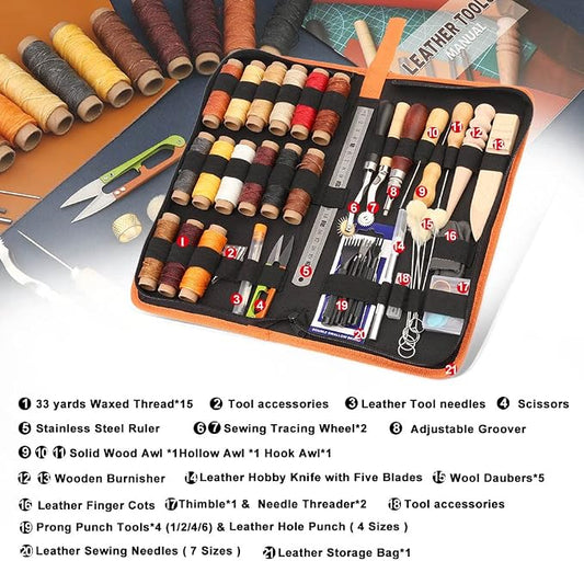 BUTUZE Leather Working Tools, Practical Leather Craft Kit with Waxed Thread Groover Awl Stitching Punch Hole for Leathercraft Beginner or Adults Gifts