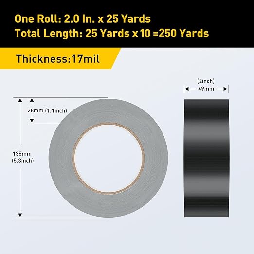 Lichamp 10 Rolls Heavy Duty Thicker Black Duct Tapes, 17 mil No Residue Duct Tape for Packaging Taping Sealing Repairing Tying, Wide Tape for DIY or Commercial Use, 2 Inches x 25 Yards