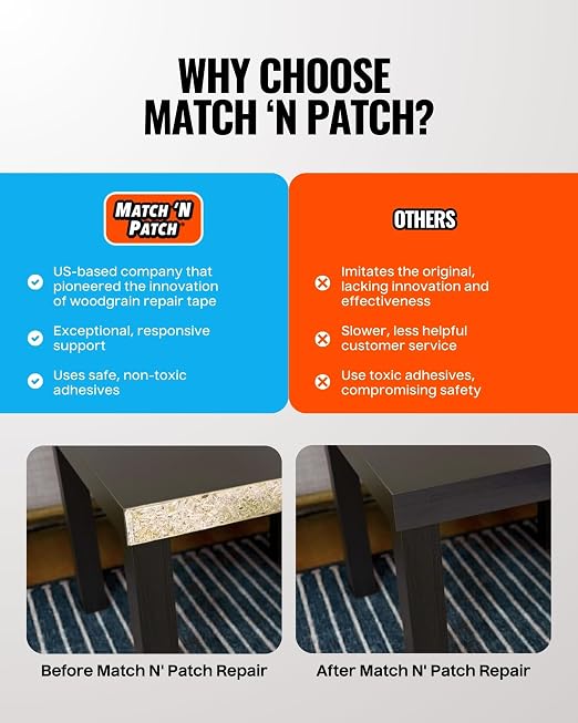 MATCH 'N PATCH Wood Grain Repair Tape - Brown-Black, 2.25 in x 15 ft (1-Pack) – Wood Grain Colored Duct Tape for Mirror Frame, Trim, Borders, Floor and Other Furniture, Scratch Repair Kit