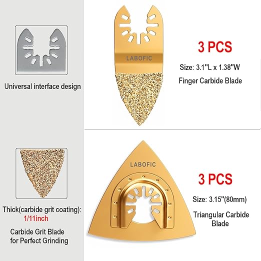 6Pcs Universal Carbide Oscillating Tool Blades, Triangular and Finger Carbide Grit Rasp Blades for Sanding Grinding Rasping Tile Grout Mortar Concrete Masonry