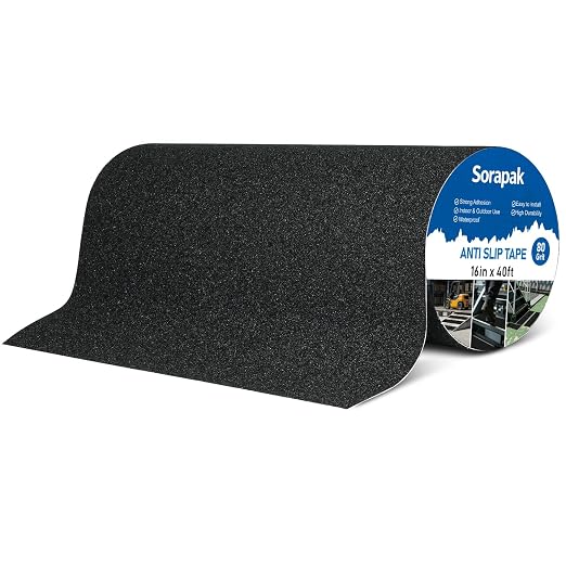 Extra Wide 16in x 40ft Black Anti Slip Tape, 80 Grit Waterproof Non Skid Grip Tape Roll for Ramps, Decks, Boat Decks, Warehouse Floors, Garages, Indoor & Outdoor Use