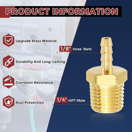 Pack of 8 Brass Hose Barbed Fittings Adapter Connector 1/8" Hose Barb to 1/4" NPT Male Fittings for Home Machines, Massage Bathtubs, and Irrigation Systems