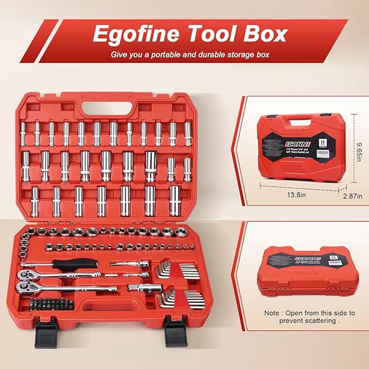 Egofine 117 Pieces 1/4 & 3/8 inch Drive Socket Ratchet Wrench Set, Metric/SAE Size, with Bit Socket Set and Extension Bar for Auto Repairing and Household, with Storage Case