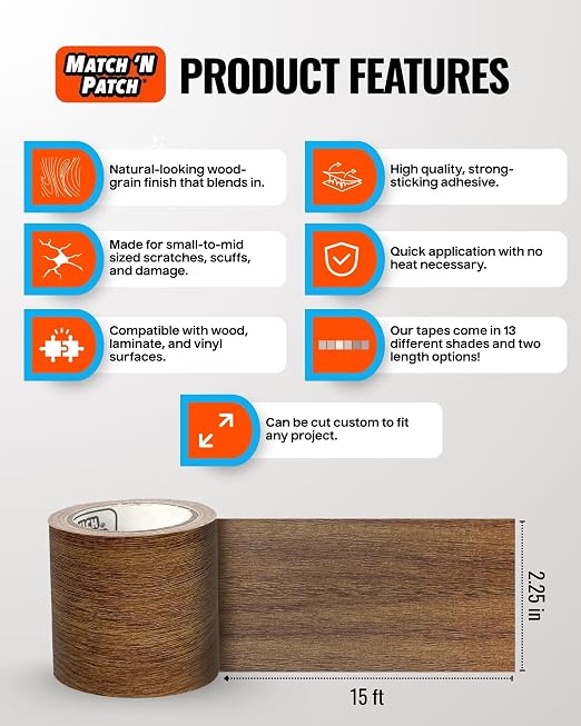 MATCH 'N PATCH Wood Grain Repair Tape - Antique Oak, 2.25 in x 15 ft (1-Pack) – Wood Grain Colored Duct Tape for Mirror Frame, Trim, Borders, Floor and Other Furniture, Scratch Repair Kit