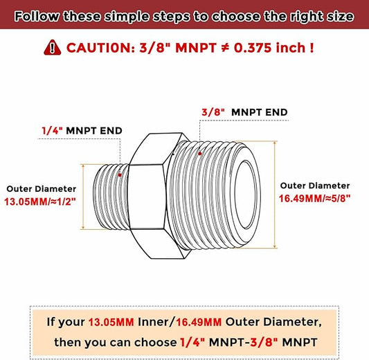 Pack of 10, 3/8" MNPT To 1/4" MNPT Solid Brass Hex Nipple Hose Connectors W/Sealing Tapes, Male Pipe Adapter for Pipe Leak Repair, Bathroom Remodeling, Tool Extension, Compression