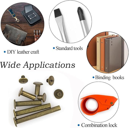 100 Pcs (50 Pair) Bronze Phillips Chicago Binding Screws Assorted Kits,6 Sizes of Flat Head Rivet Hollow Binding Screws Posts, for Leather Saddles Purses Belt Repair(M5 x 5/10/15/25/35/45)