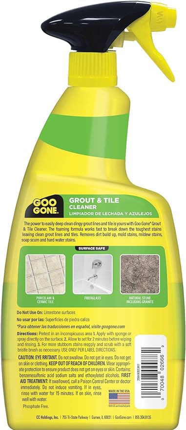 Goo Gone Grout and Tile Cleaner - 28 Ounce - Removes Tough Stains Dirt Caused by Mold Mildew Soap Scum and Hard Water Staining - Safe on Tile Ceramic Porcelain, pack of 2