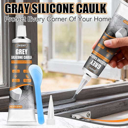 JAOJAO Gray Caulk, Waterproof Gray Silicone Caulk Excellent Adhesion Long-Lasting Flexibility Stable Performance Widely Applicable for Kitchen Sinks Bathrooms Doors and Windows, 100ml