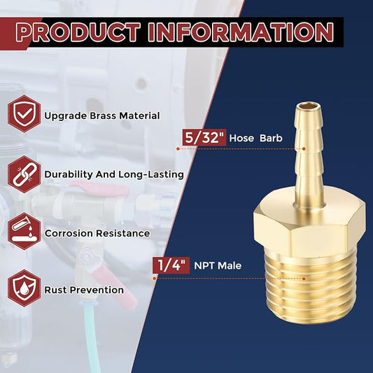 Pack of 6 Brass Hose Barb Fittings Adapter Connector 5/32" Hose Barb to 1/4" NPT Male Fittings for Home Machines, Massage Bathtubs, and Irrigation Systems