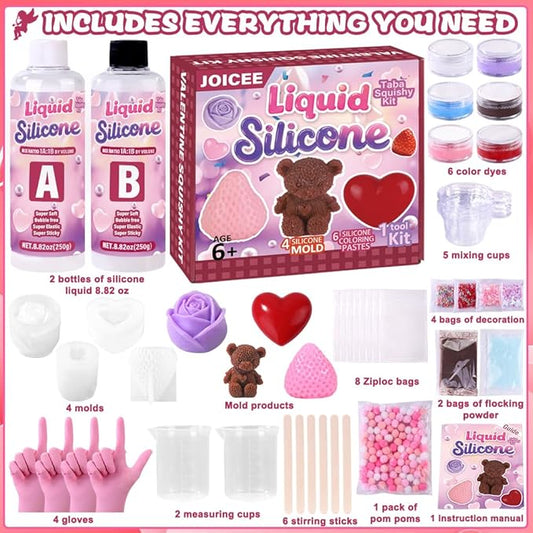 JOICEE Valentines Day Taba Squishy Kit, DIY Valentine Crafts Kit 18OZ 1:1 AB Liquid Silicone with 3D Mold for Make Your Own FuFu Squishies Kits Valentines Day Party Favors Stress Relief Toys Gifts