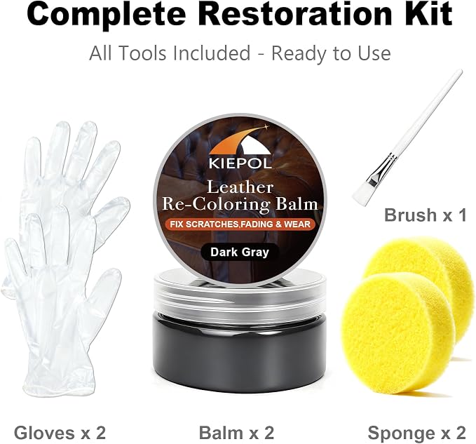 Dark Gray Leather Repair Kit - Recoloring Balm & Dye to Restore Scratches, Faded & Aged Leather & Vinyl Couches, Boots, Car Seats & Furniture