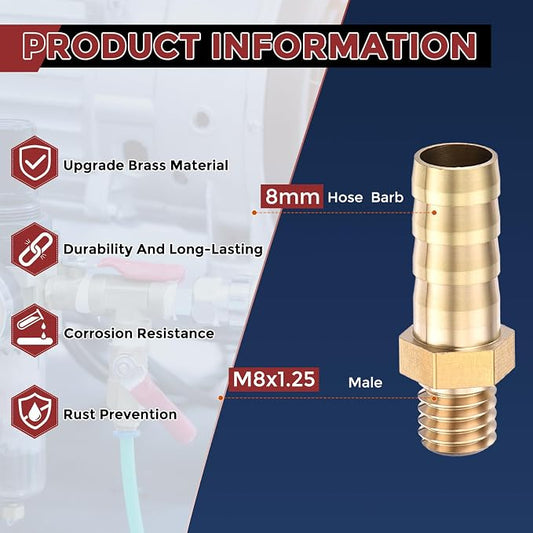 Pack of 8 Brass Hose Barb Fittings Adapter Connector 8mm Hose Barb to M8x1.25 Male Fittings for Home Machines, Massage Bathtubs, and Irrigation Systems