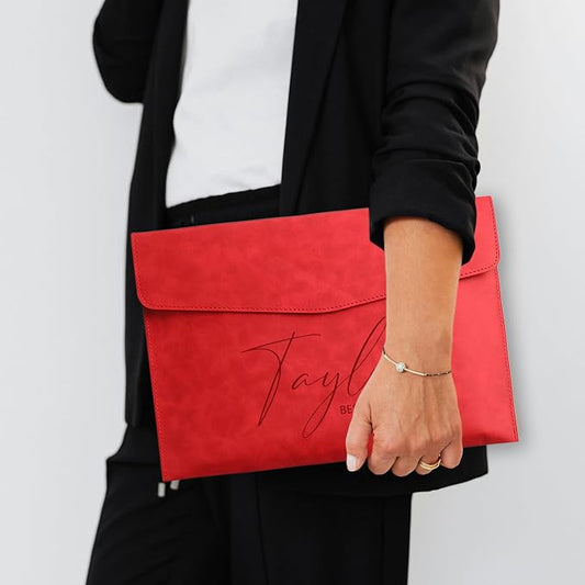 Customized A4 File Folder Expandable File Organizer,Personalized Name PU Leather Envelope Holder for Work、School、Home、Office (Red)