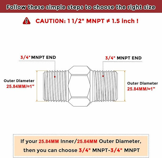 Pack of 1, 3/4" Male NPT to 3/4" Male NPT Solid Brass Hex Nipple Hose Connectors, Male Pipe Adapter for Pipe Leak Repair, Bathroom Remodeling, Tool Extensions, Compression
