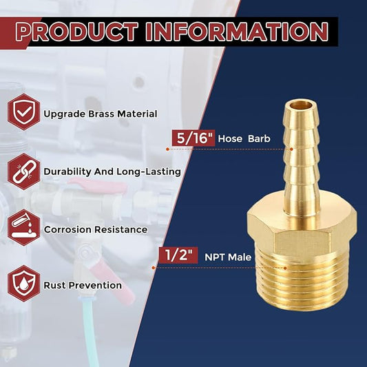 Pack of 10 Brass Hose Barbs Fittings 5/16" Hose Barbs to 1/2" NPT Male Fittings for Home Machines, Massage Bathtubs, and Irrigation Systems