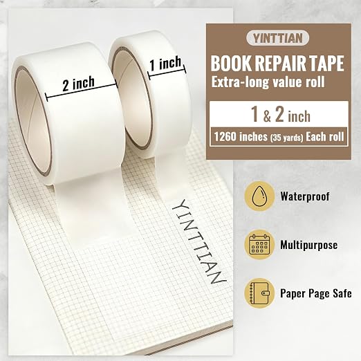 Archival Safe Acid-Free Book Repair Tape, Thin and Invisable, Waterproof | Paper Page Safe No Residue, for Library, Old Books,Broken Pages, 1260 inch Length x 1 & 2 inch