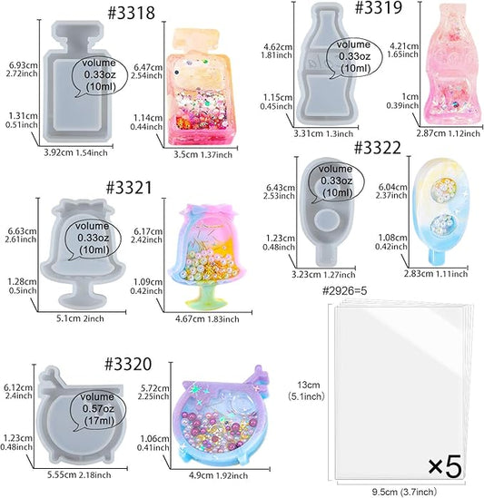 Resin Shaker Molds Set Perfume Bottle, Cola, Mike Tea, Dessert, Popsicle Silicone Trays with 5 Seal Films