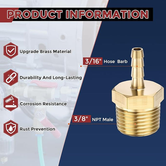 Pack of 3 Brass Hose Barb Fittings Adapter Connector 3/16" Hose Barb to 3/8" NPT Male Fittings for Home Machines, Massage Bathtubs, and Irrigation Systems