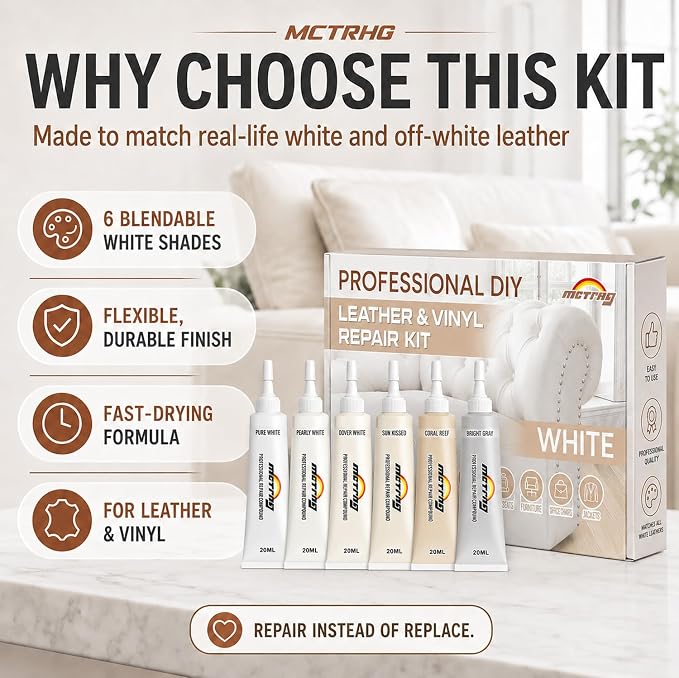 Leather & Vinyl Repair Kit for Boat, Car Seat, Furniture, Couch, Bag, Shoe | White, Cream, Gray, No Skills Needed, for Scratch, Tear, Crack, Hole, Peel & Burn on Faux Upholstery, Sofa, Purse, Jacket, RV