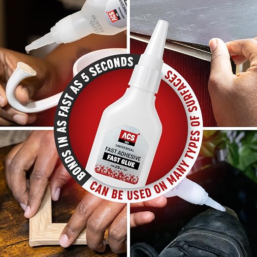 ACS Universal Thin Glue 1oz (25g) - Ultra-Fast Drying Fast Glue Gel for Wood, Leather, Rubber, Plastic & More - Precision Low Viscosity Adhesive