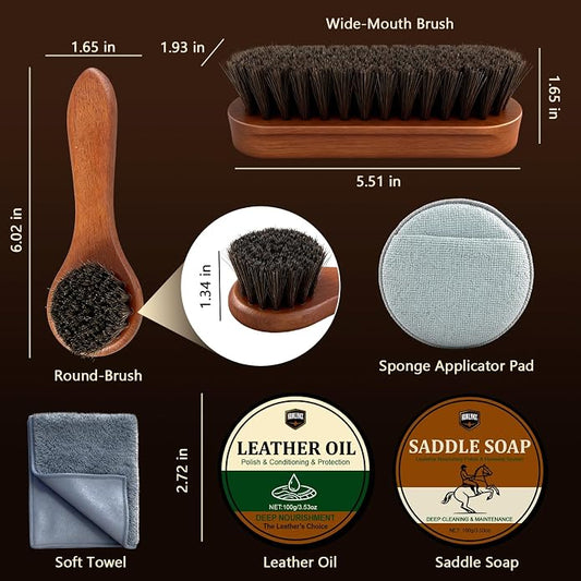 Leather Care Kit – Includes 3.52oz Saddle Soap, 3.52oz Leather Oil, 2 Horsehair Brushes, Cloth & Sponge – Complete Leather Cleaning, Polishing & Conditioning Set – Perfect Gift for Men & Women