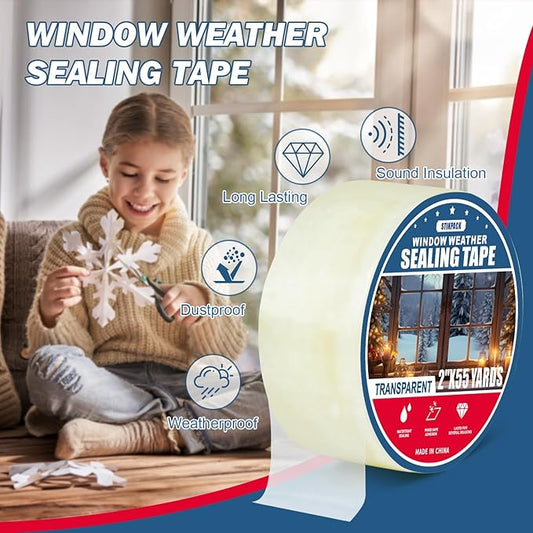 1Pack Window Weather Sealing Tape, 2in x 55y,Clear Window Insulation Tape for Doors Windows and Shower Glass Gaps,Waterproof,No Residue