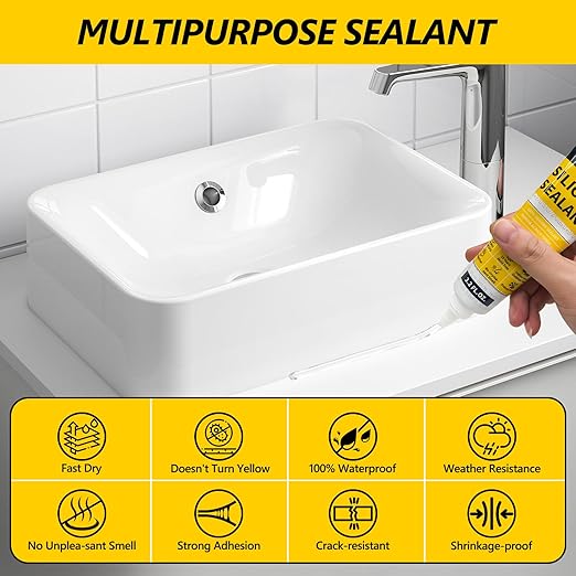 LISRUX Advanced Clear Silicone Caulk for Kitchen & Bathroom - 2 Pack (3.2 Fl Oz Each) | 100% Waterproof Silicone Sealant | Super Strong Adhesion, Shrink & Crack Proof