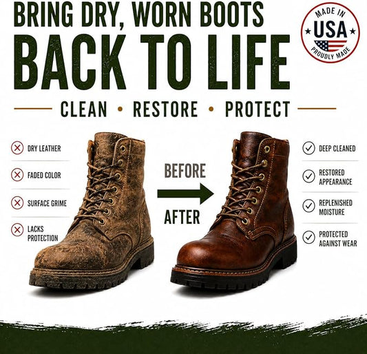 Leather Boot Care Kit - Made in USA (Not China) - Boot Oil, Waterproofer, Cleaning Scrub for Boots (Like Saddle Soap), Brushes and Cloth - Do NOT use Mink Oil (Love Animals) - All Natural Ingredients