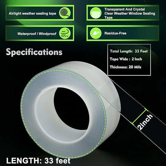 Transparent Window Weather Sealing Tape 2 Inch x 33 FT Weather Stripping Residue-Free Clear Window Insulation Tape for Doors Windows and Shower Glass Gaps