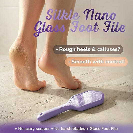 SILKLE Nano Glass Foot File - Silicone Foot Callus Remover for Feet and Cracked Heels - Heel Scraper for Dead Skin - Ergonomic Foot Scrubber & Exfoliator for Shower with Non-Slip Grip - Purple
