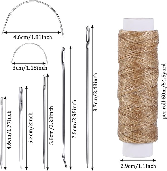 55Yards Waxed Thread with 7 Pcs Leather Needles for Hand Sewing 150D Flat Waxed Thread - Leather Repair Needles for Upholstery, Canvas Bags, Sofa Furniture (Khaki)