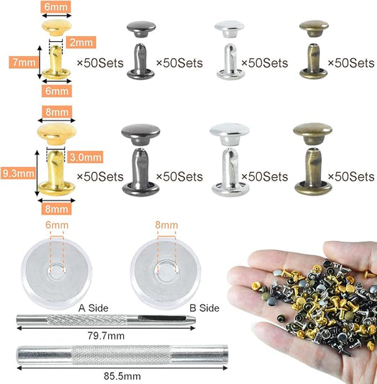400Sets Leather Rivets Kit, 6mm & 8mm Double Round Cap Rivets, Tubular Metal Rivets with 3 Punch Rivet Setting Tool Rivets for Leather Purse Clothing Dog Collar Repair Hardware (4 Color & 2 Size)