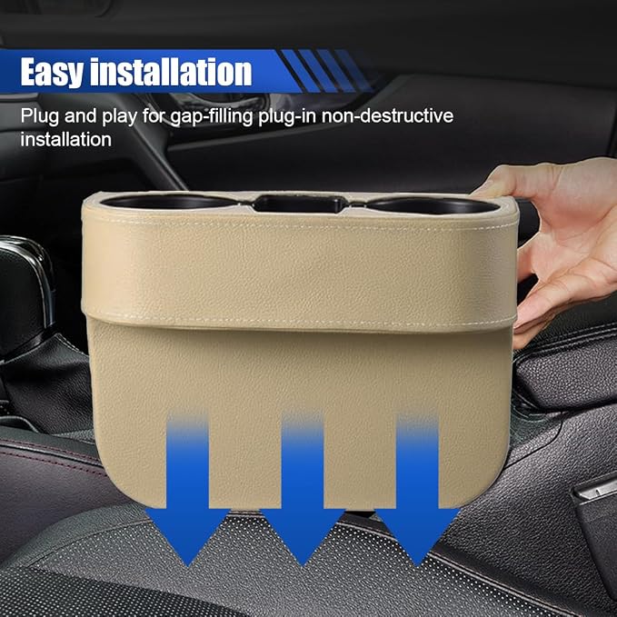 KITUREK Car Cup Holder, PU Leather Cover Auto Front Seat Organizer, Beige | Multifunctional Cup Drink Holder, Gap Filler Coin Bucket Storage Box, Console Side Pocket, Cell Mobile Phone Holder