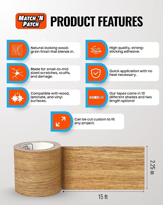 MATCH 'N PATCH Wood Grain Repair Tape - Natural Oak, 2.25 in x 15 ft (1-Pack) – Wood Grain Colored Duct Tape for Mirror Frame, Trim, Borders, Floor and Other Furniture, Scratch Repair Kit