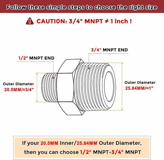 Pack of 1, 3/4" Male NPT to 1/2" Male NPT Solid Brass Hex Nipple Hose Connectors, Male Pipe Adapter for Pipe Leak Repair, Bathroom Remodeling, Tool Extensions, Compression