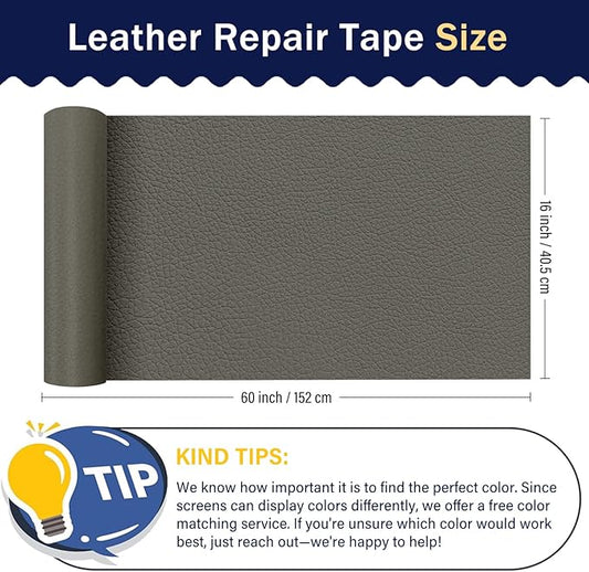 Zenyao Leather Repair Patch Tape - Self Adhesive Leather Repair Kit for Car Seat Furniture, Heavy Duty Vinyl Repair Patch for Couch Sofa, Waterproof Fix for Tears, 16x60 Inch Roll, Light Grey