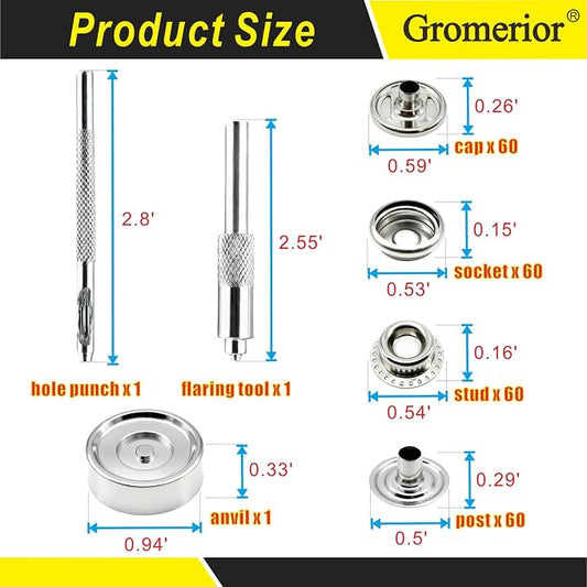 Premium 60 Sets(240pcs) 15mm Snap Button Kit, Marine Grade Stainless Steel Canvas Snap Kit with 3 Setting Tools, Heavy Duty Snap Fastener Kit for Fabric Leather Furniture Repairs DIY Projects