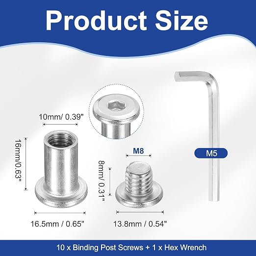 PATIKIL M8x8mm Hex Chicago Screws 10x16mm, 10Pcs 304 Stainless Steel Metric Hex Drive Socket Cap Binding Post Screw Posts for Scrapbook Leather Belt Album Furniture Repair, Silver